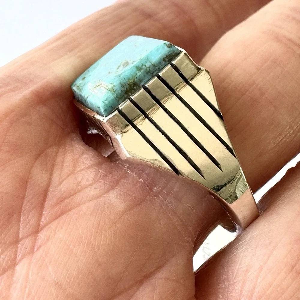 Navajo Turquoise Mens Ring Sz 13 Rectangle Signed Jack Sterling 14mm